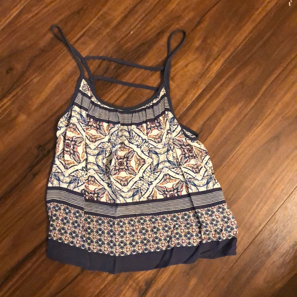patterned blue tank top